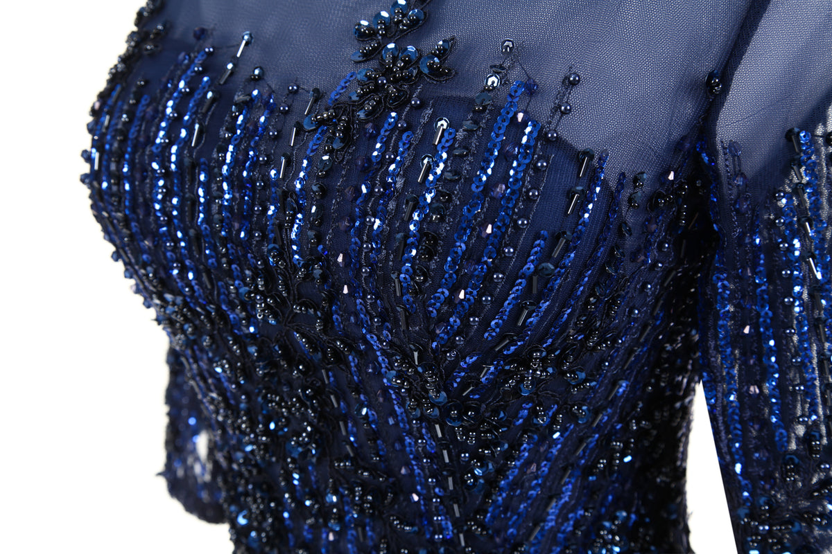 7-Day Dispatch Illusion Neckline Half Sleeve Navy Blue Beaded Tulle A-Line Evening Gown Lace-up Back Formal Dress
