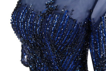 7-Day Dispatch Illusion Neckline Half Sleeve Navy Blue Beaded Tulle A-Line Evening Gown Lace-up Back Formal Dress