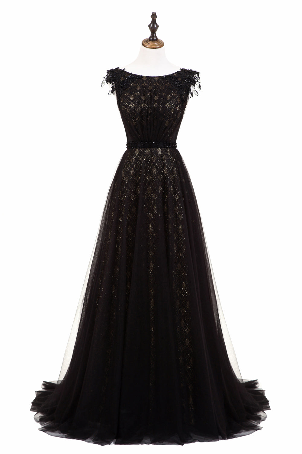 7-Day Dispatch Sleeveless Illusion Neckline Black Lace Tulle A-Line Evening Gown Beaded Waist Deep V-Back Formal Dress