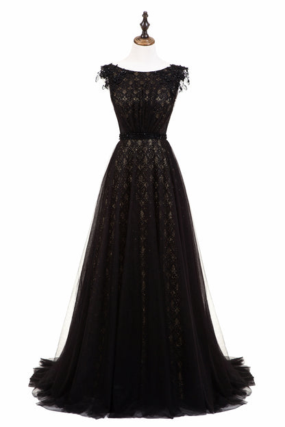 7-Day Dispatch Sleeveless Illusion Neckline Black Lace Tulle A-Line Evening Gown Beaded Waist Deep V-Back Formal Dress
