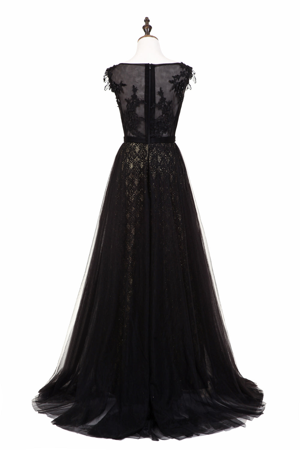7-Day Dispatch Sleeveless Illusion Neckline Black Lace Tulle A-Line Evening Gown Beaded Waist Deep V-Back Formal Dress