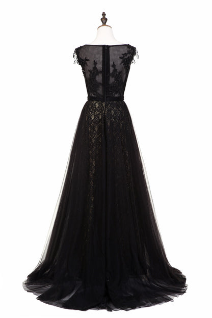 7-Day Dispatch Sleeveless Illusion Neckline Black Lace Tulle A-Line Evening Gown Beaded Waist Deep V-Back Formal Dress