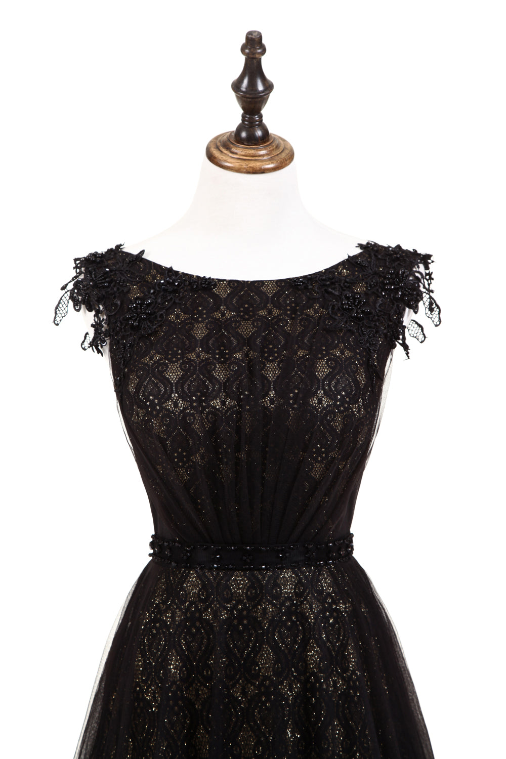 7-Day Dispatch Sleeveless Illusion Neckline Black Lace Tulle A-Line Evening Gown Beaded Waist Deep V-Back Formal Dress