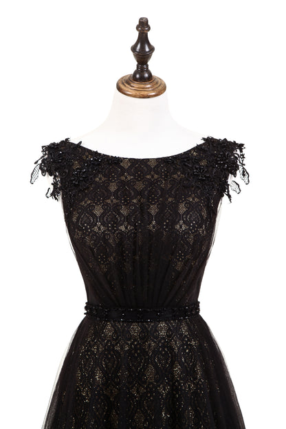 7-Day Dispatch Sleeveless Illusion Neckline Black Lace Tulle A-Line Evening Gown Beaded Waist Deep V-Back Formal Dress