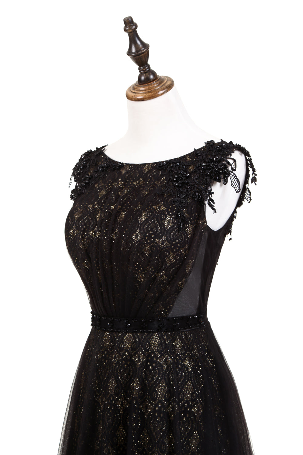 7-Day Dispatch Sleeveless Illusion Neckline Black Lace Tulle A-Line Evening Gown Beaded Waist Deep V-Back Formal Dress