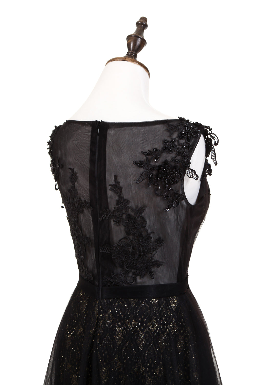 7-Day Dispatch Sleeveless Illusion Neckline Black Lace Tulle A-Line Evening Gown Beaded Waist Deep V-Back Formal Dress