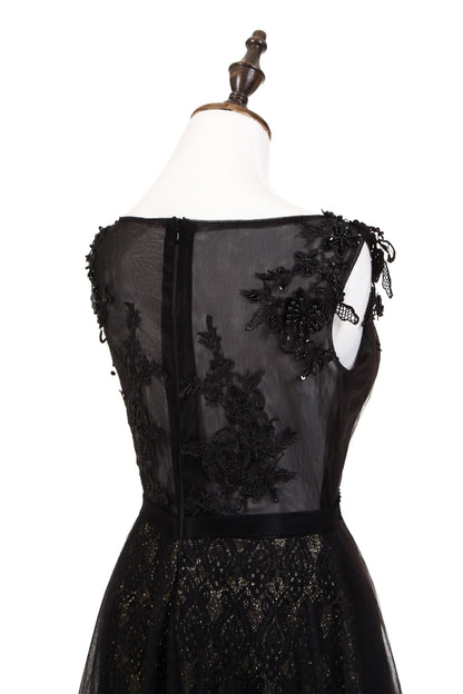 7-Day Dispatch Sleeveless Illusion Neckline Black Lace Tulle A-Line Evening Gown Beaded Waist Deep V-Back Formal Dress