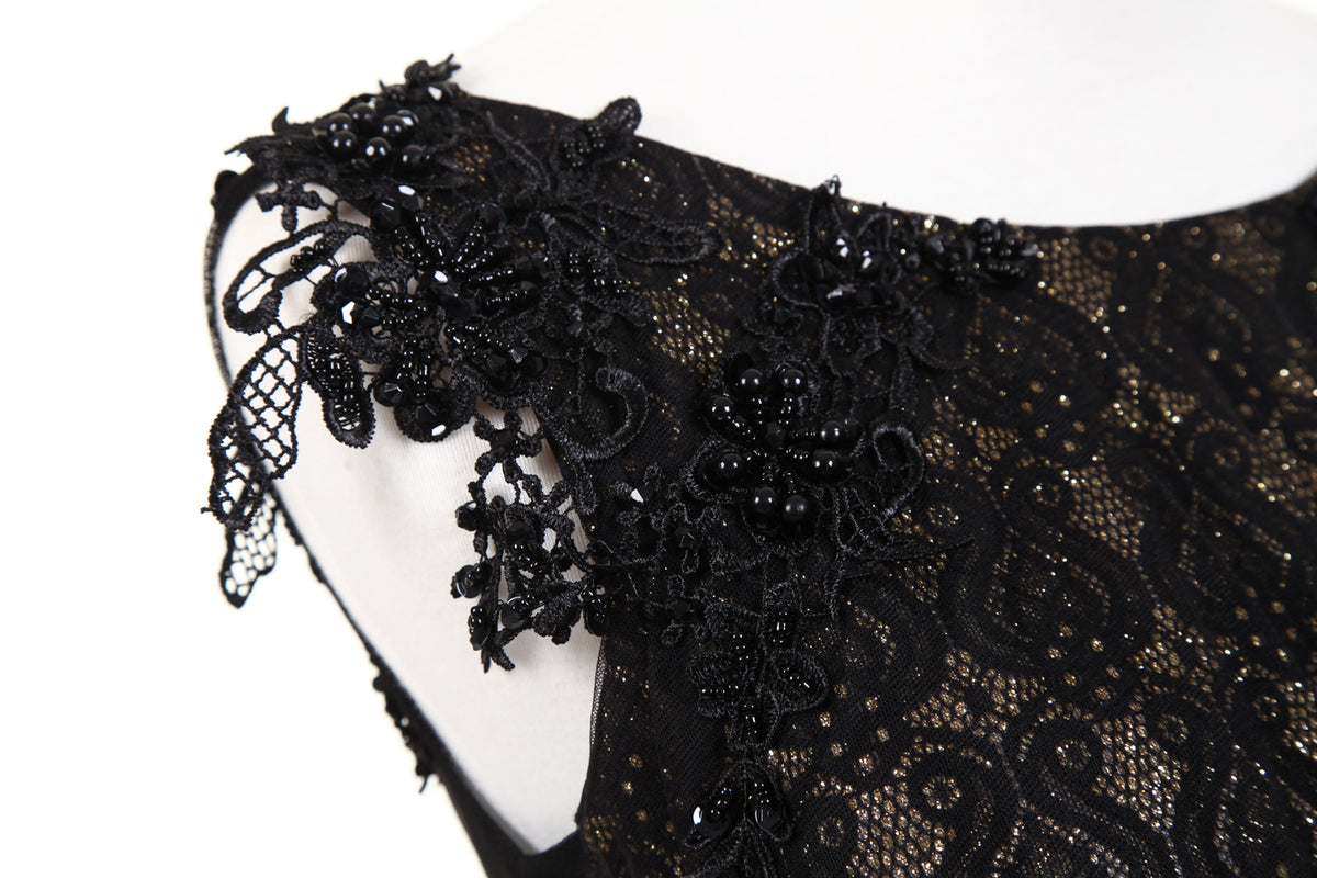 7-Day Dispatch Sleeveless Illusion Neckline Black Lace Tulle A-Line Evening Gown Beaded Waist Deep V-Back Formal Dress