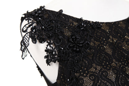 7-Day Dispatch Sleeveless Illusion Neckline Black Lace Tulle A-Line Evening Gown Beaded Waist Deep V-Back Formal Dress