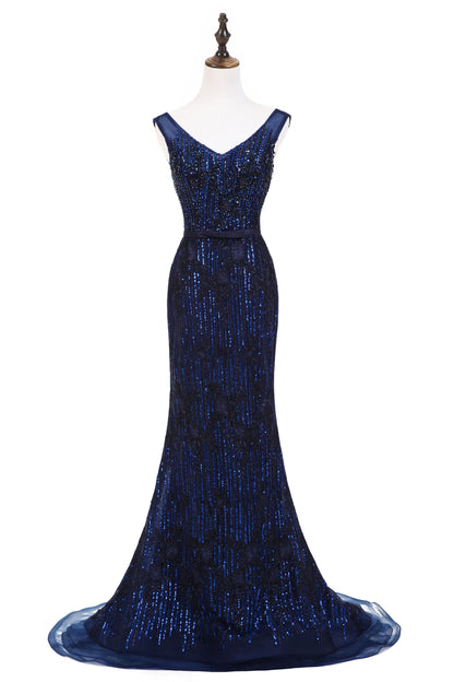 7-Day Dispatch Sleeveless V-Neck Navy Blue Beaded Lace Mermaid Evening Gown Lace-up Back Formal Dress