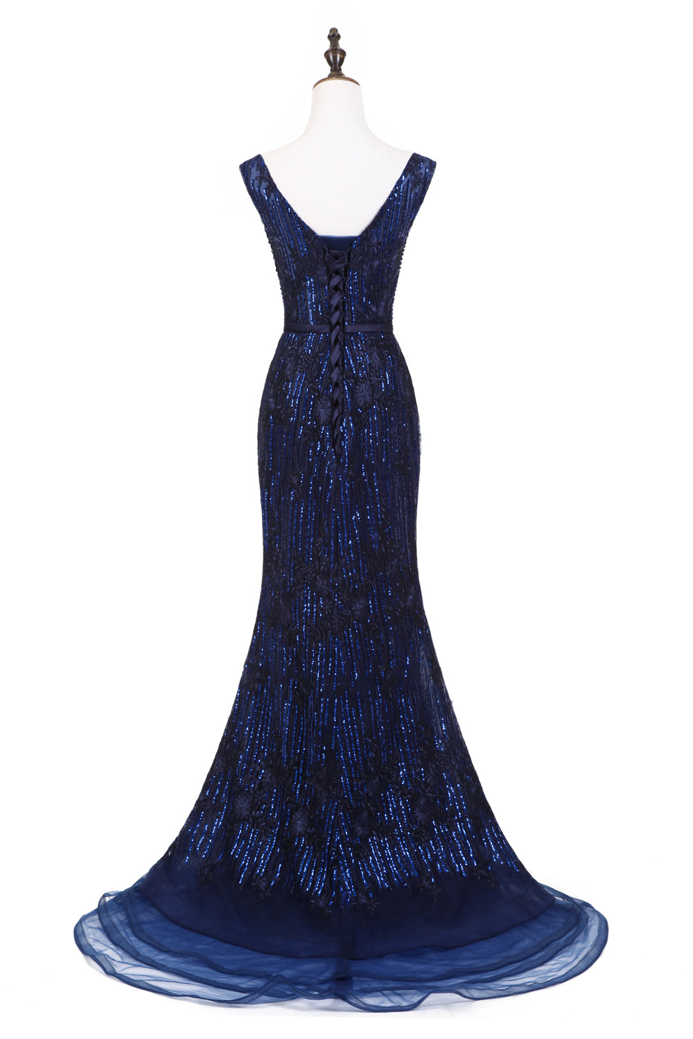 7-Day Dispatch Sleeveless V-Neck Navy Blue Beaded Lace Mermaid Evening Gown Lace-up Back Formal Dress