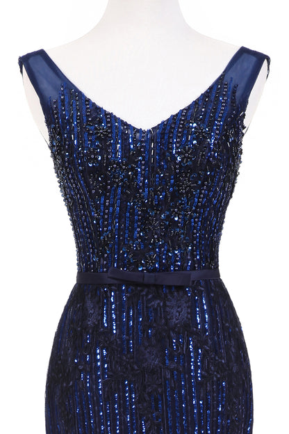 7-Day Dispatch Sleeveless V-Neck Navy Blue Beaded Lace Mermaid Evening Gown Lace-up Back Formal Dress