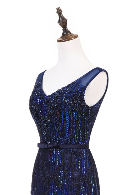 7-Day Dispatch Sleeveless V-Neck Navy Blue Beaded Lace Mermaid Evening Gown Lace-up Back Formal Dress