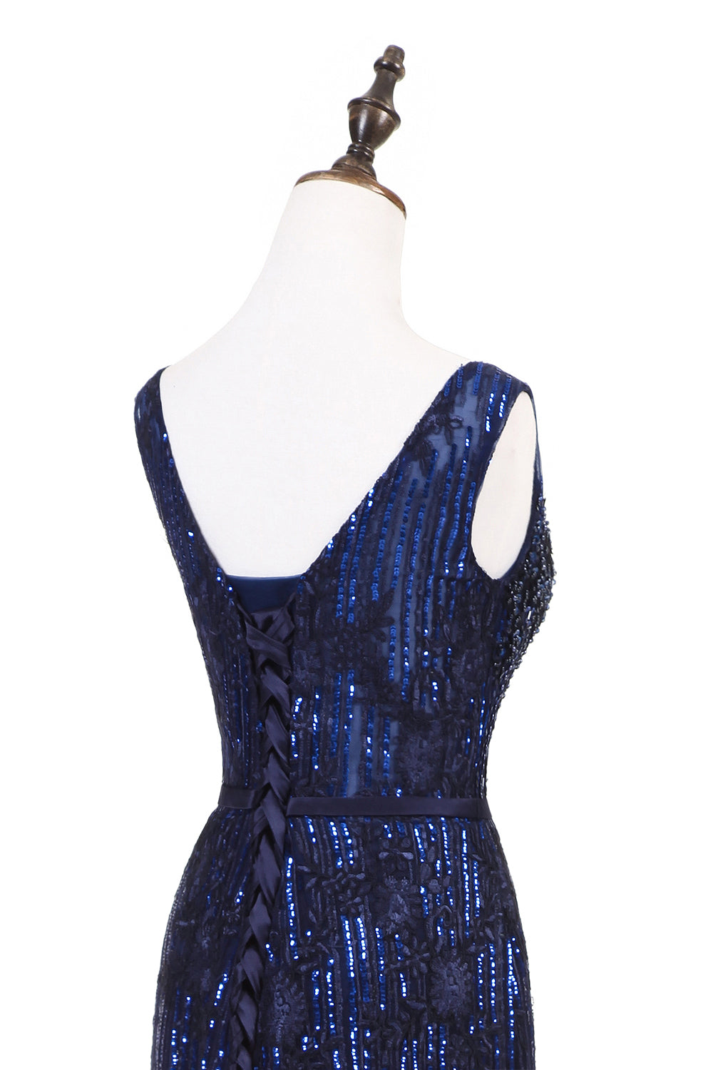 7-Day Dispatch Sleeveless V-Neck Navy Blue Beaded Lace Mermaid Evening Gown Lace-up Back Formal Dress