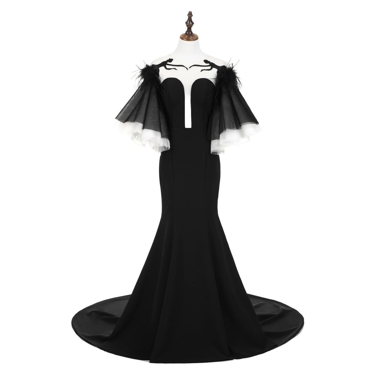 7-Day Dispatch Strapless Sweetheart Black Feather Sleeve Mermaid Evening Gown Sheer Embroidered Deep V-Back Formal Dress