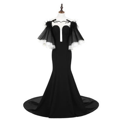 7-Day Dispatch Strapless Sweetheart Black Feather Sleeve Mermaid Evening Gown Sheer Embroidered Deep V-Back Formal Dress