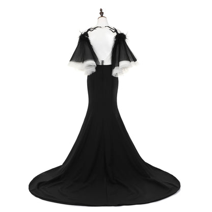 7-Day Dispatch Strapless Sweetheart Black Feather Sleeve Mermaid Evening Gown Sheer Embroidered Deep V-Back Formal Dress