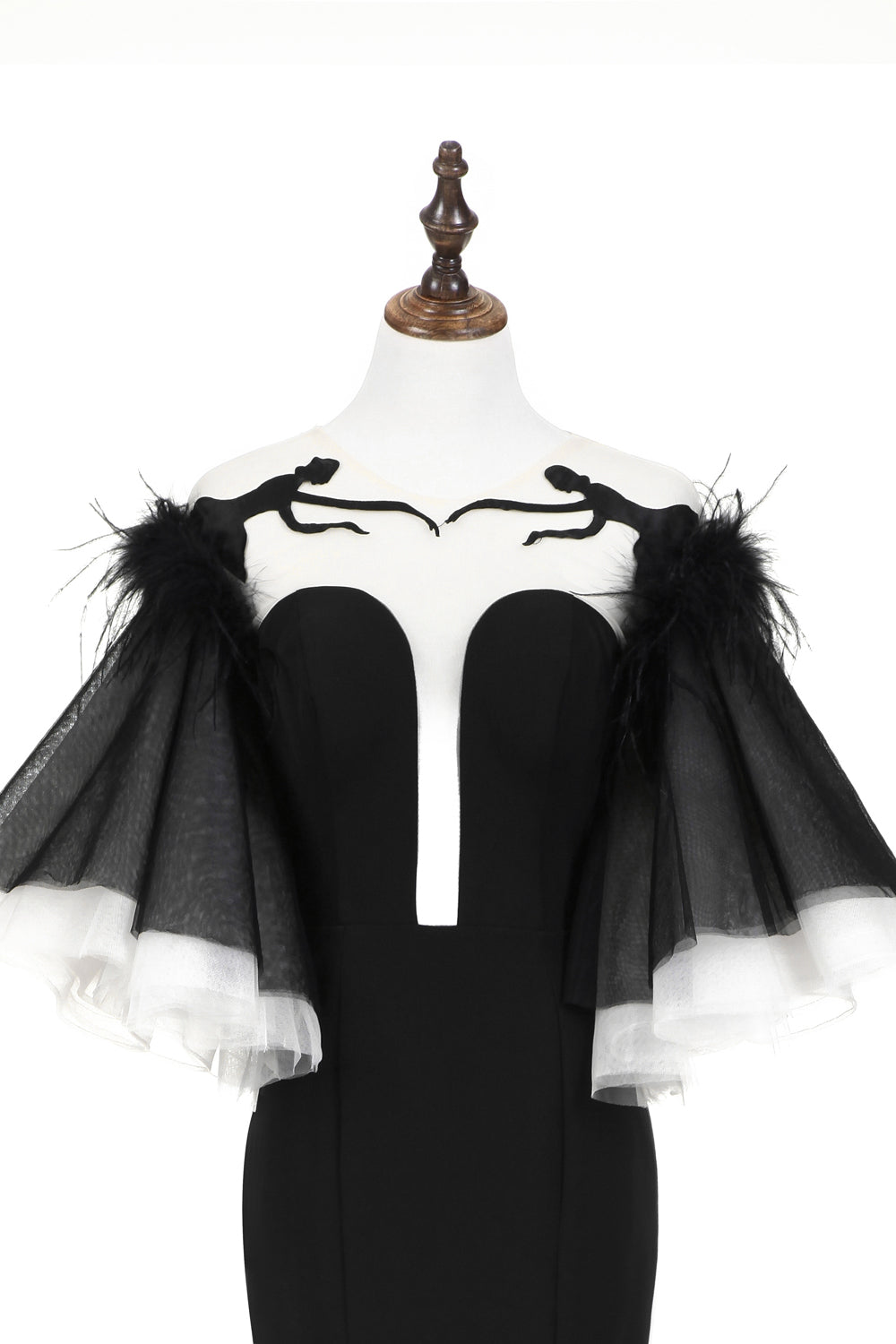 7-Day Dispatch Strapless Sweetheart Black Feather Sleeve Mermaid Evening Gown Sheer Embroidered Deep V-Back Formal Dress