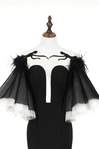 7-Day Dispatch Strapless Sweetheart Black Feather Sleeve Mermaid Evening Gown Sheer Embroidered Deep V-Back Formal Dress