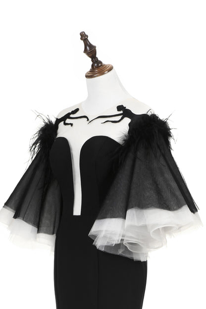 7-Day Dispatch Strapless Sweetheart Black Feather Sleeve Mermaid Evening Gown Sheer Embroidered Deep V-Back Formal Dress