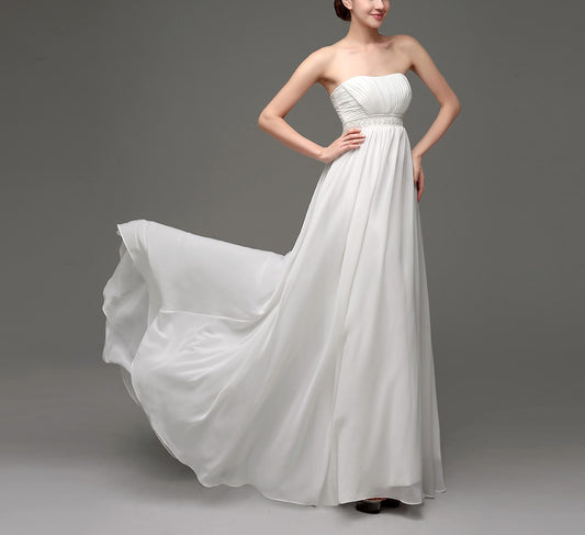 7‑Day Dispatch Strapless Pleated Chiffon Wedding Dress Beaded Empire Waist Bridal Gown