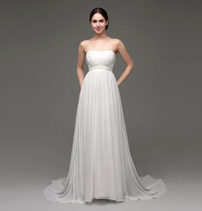 7‑Day Dispatch Strapless Pleated Chiffon Wedding Dress Beaded Empire Waist Bridal Gown
