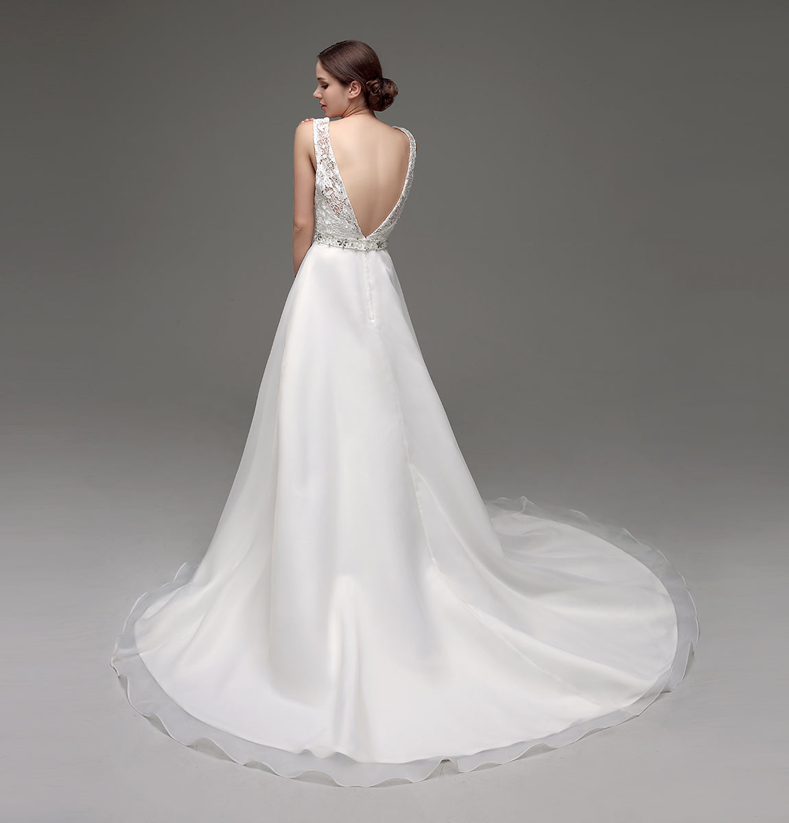 7‑Day Dispatch Satin Lace A‑Line Wedding Dress Sleeveless Beaded Waist Bridal Gown