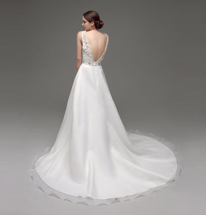 7‑Day Dispatch Satin Lace A‑Line Wedding Dress Sleeveless Beaded Waist Bridal Gown