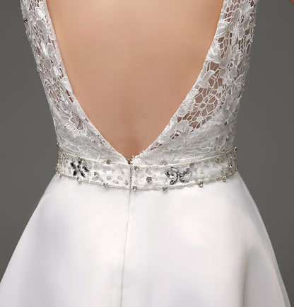 7‑Day Dispatch Satin Lace A‑Line Wedding Dress Sleeveless Beaded Waist Bridal Gown