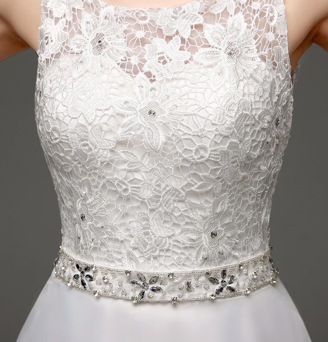 7‑Day Dispatch Satin Lace A‑Line Wedding Dress Sleeveless Beaded Waist Bridal Gown