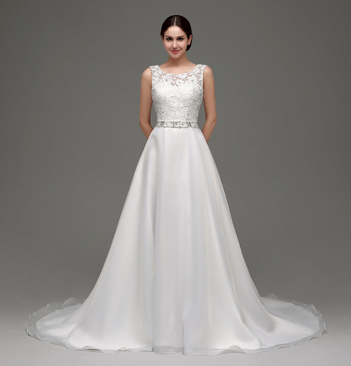 7‑Day Dispatch Satin Lace A‑Line Wedding Dress Sleeveless Beaded Waist Bridal Gown