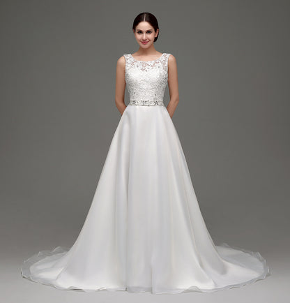 7‑Day Dispatch Satin Lace A‑Line Wedding Dress Sleeveless Beaded Waist Bridal Gown
