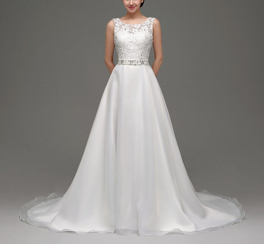 7‑Day Dispatch Satin Lace A‑Line Wedding Dress Sleeveless Beaded Waist Bridal Gown