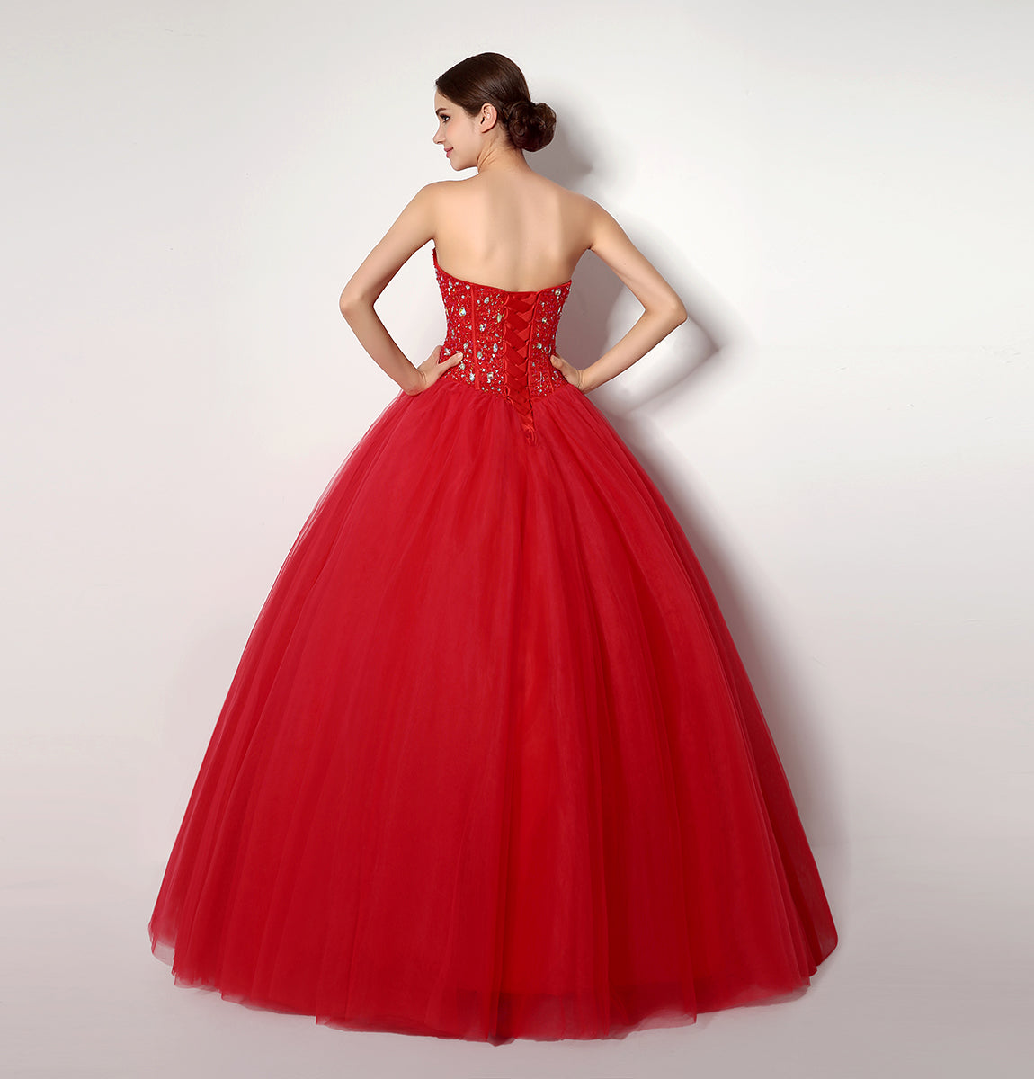 7‑Day Dispatch Strapless Sweetheart Red Tulle Ball Gown Beaded Corset Back Quinceañera Formal Dress