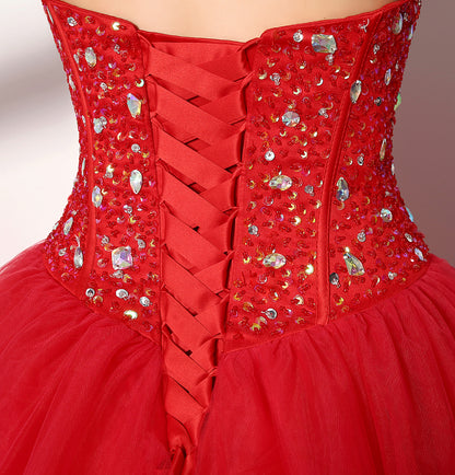 7‑Day Dispatch Strapless Sweetheart Red Tulle Ball Gown Beaded Corset Back Quinceañera Formal Dress