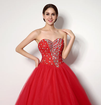 7‑Day Dispatch Strapless Sweetheart Red Tulle Ball Gown Beaded Corset Back Quinceañera Formal Dress