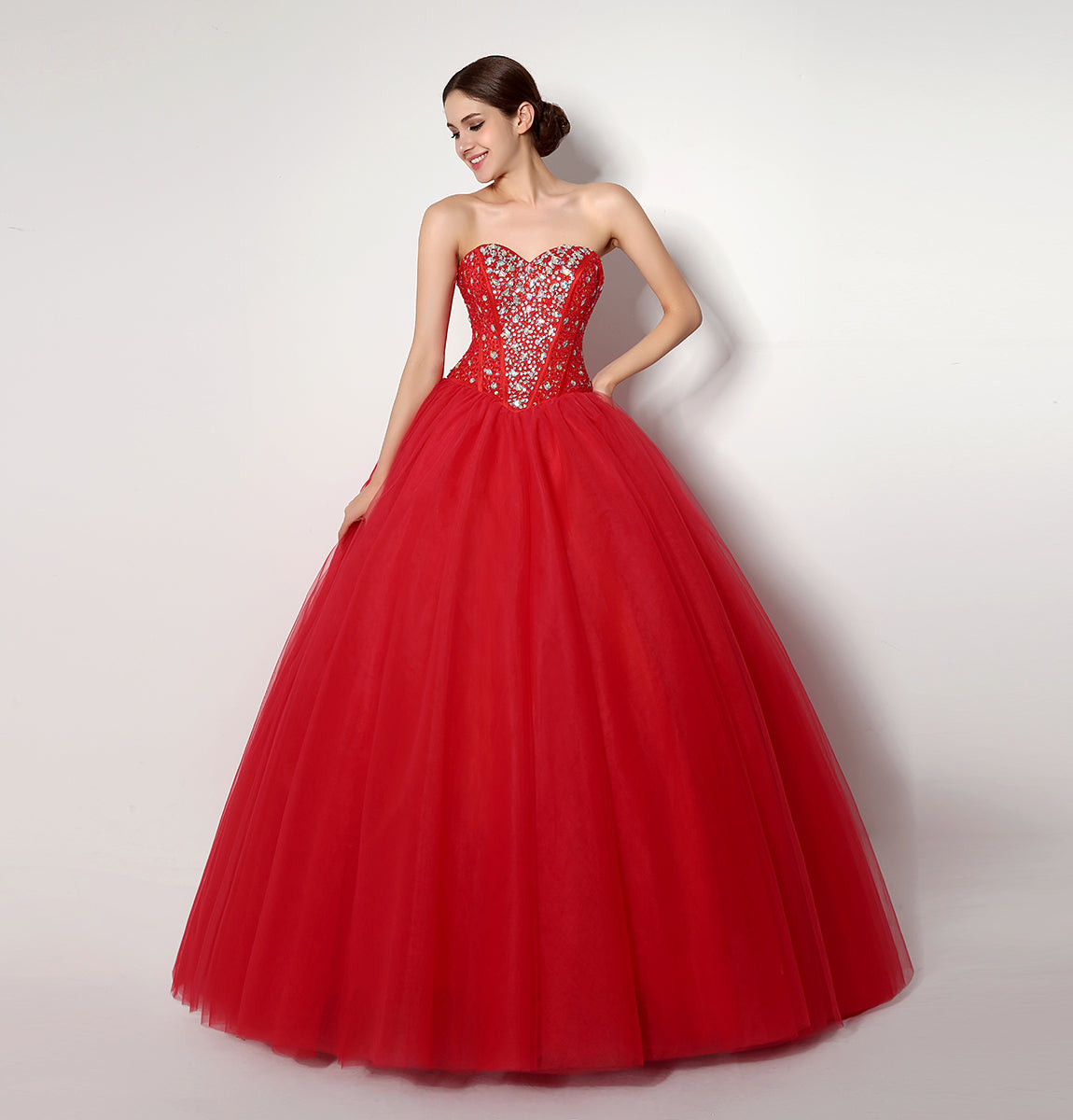 7‑Day Dispatch Strapless Sweetheart Red Tulle Ball Gown Beaded Corset Back Quinceañera Formal Dress