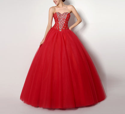 7‑Day Dispatch Strapless Sweetheart Red Tulle Ball Gown Beaded Corset Back Quinceañera Formal Dress