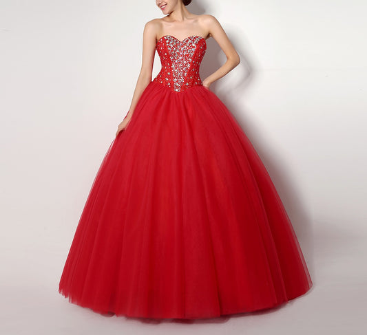 7‑Day Dispatch Strapless Sweetheart Red Tulle Ball Gown Beaded Corset Back Quinceañera Formal Dress