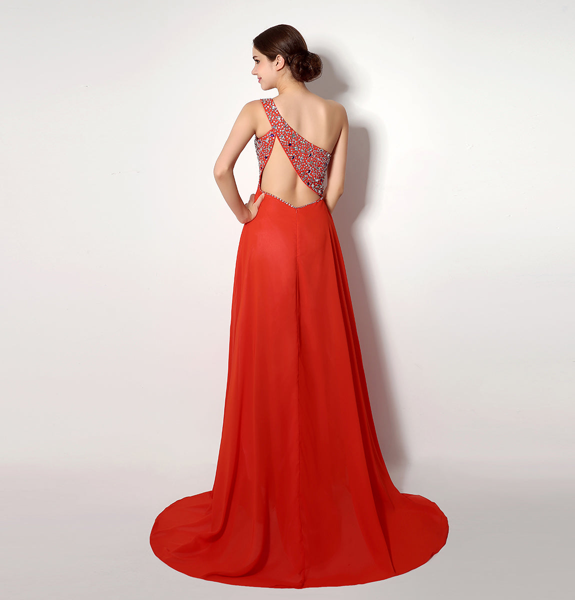 7‑Day Dispatch One‑Shoulder Beaded Red Chiffon Prom Dress Empire Waist Floor‑Length Evening Gown