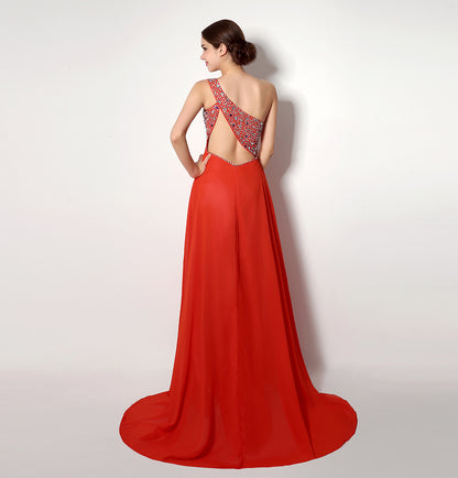 7‑Day Dispatch One‑Shoulder Beaded Red Chiffon Prom Dress Empire Waist Floor‑Length Evening Gown