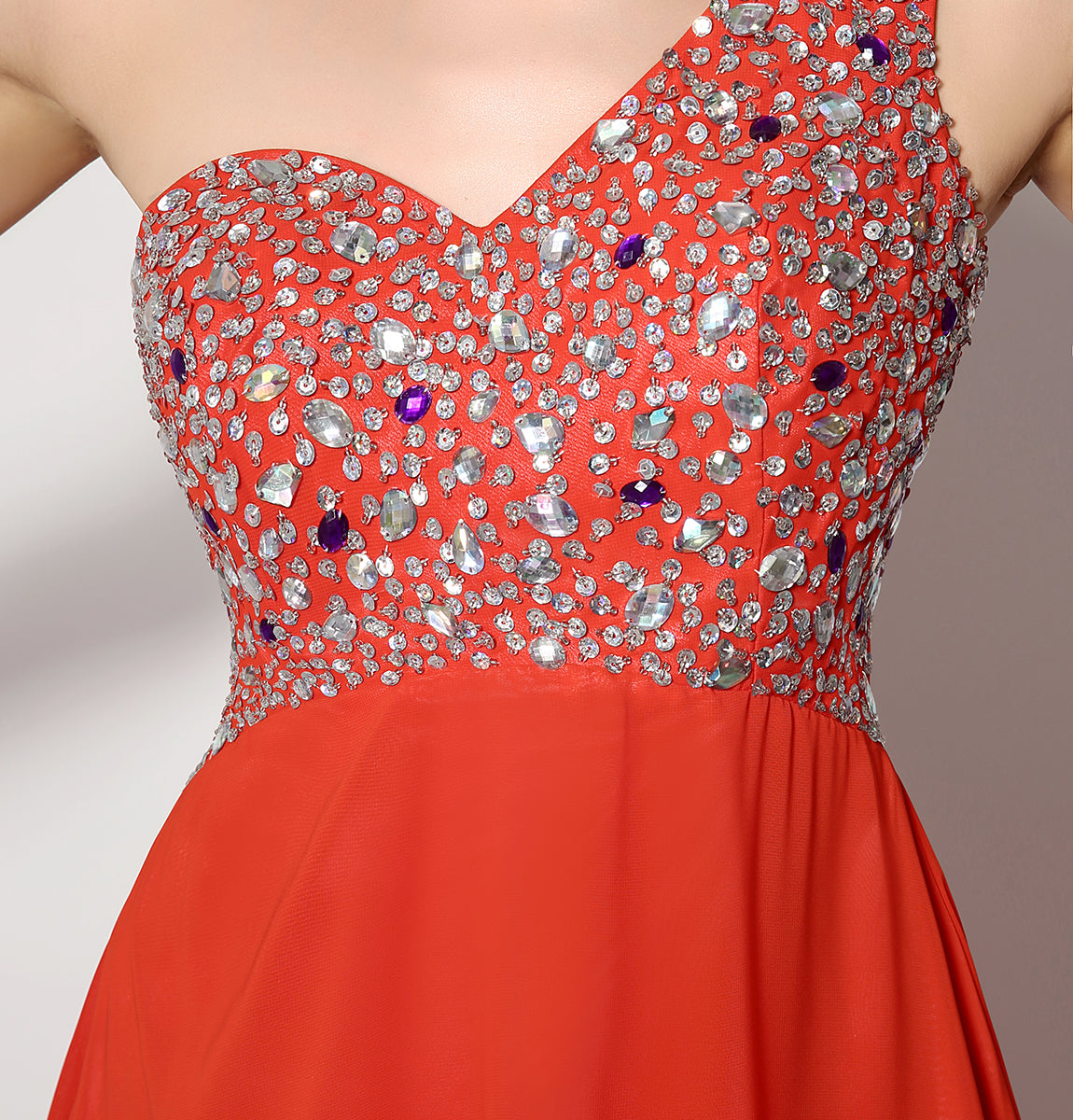 7‑Day Dispatch One‑Shoulder Beaded Red Chiffon Prom Dress Empire Waist Floor‑Length Evening Gown