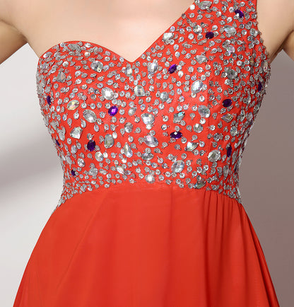 7‑Day Dispatch One‑Shoulder Beaded Red Chiffon Prom Dress Empire Waist Floor‑Length Evening Gown