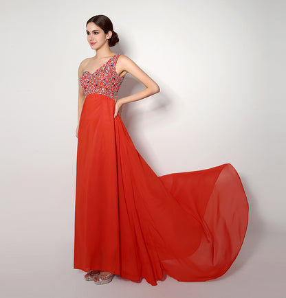 7‑Day Dispatch One‑Shoulder Beaded Red Chiffon Prom Dress Empire Waist Floor‑Length Evening Gown
