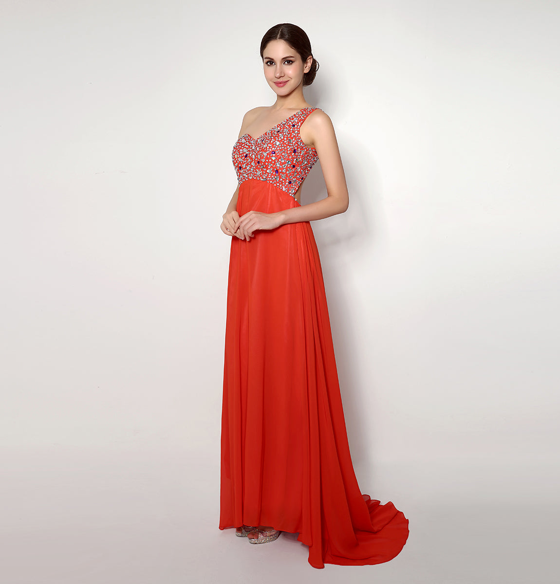 7‑Day Dispatch One‑Shoulder Beaded Red Chiffon Prom Dress Empire Waist Floor‑Length Evening Gown