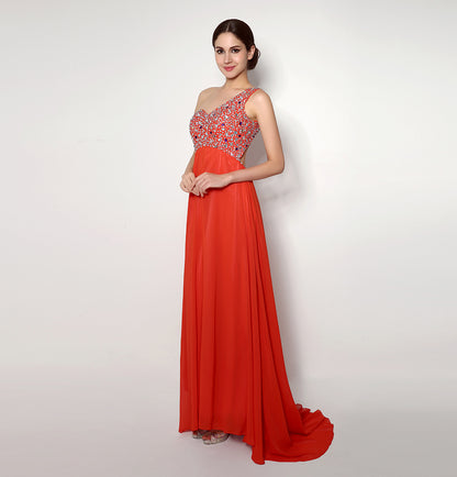 7‑Day Dispatch One‑Shoulder Beaded Red Chiffon Prom Dress Empire Waist Floor‑Length Evening Gown