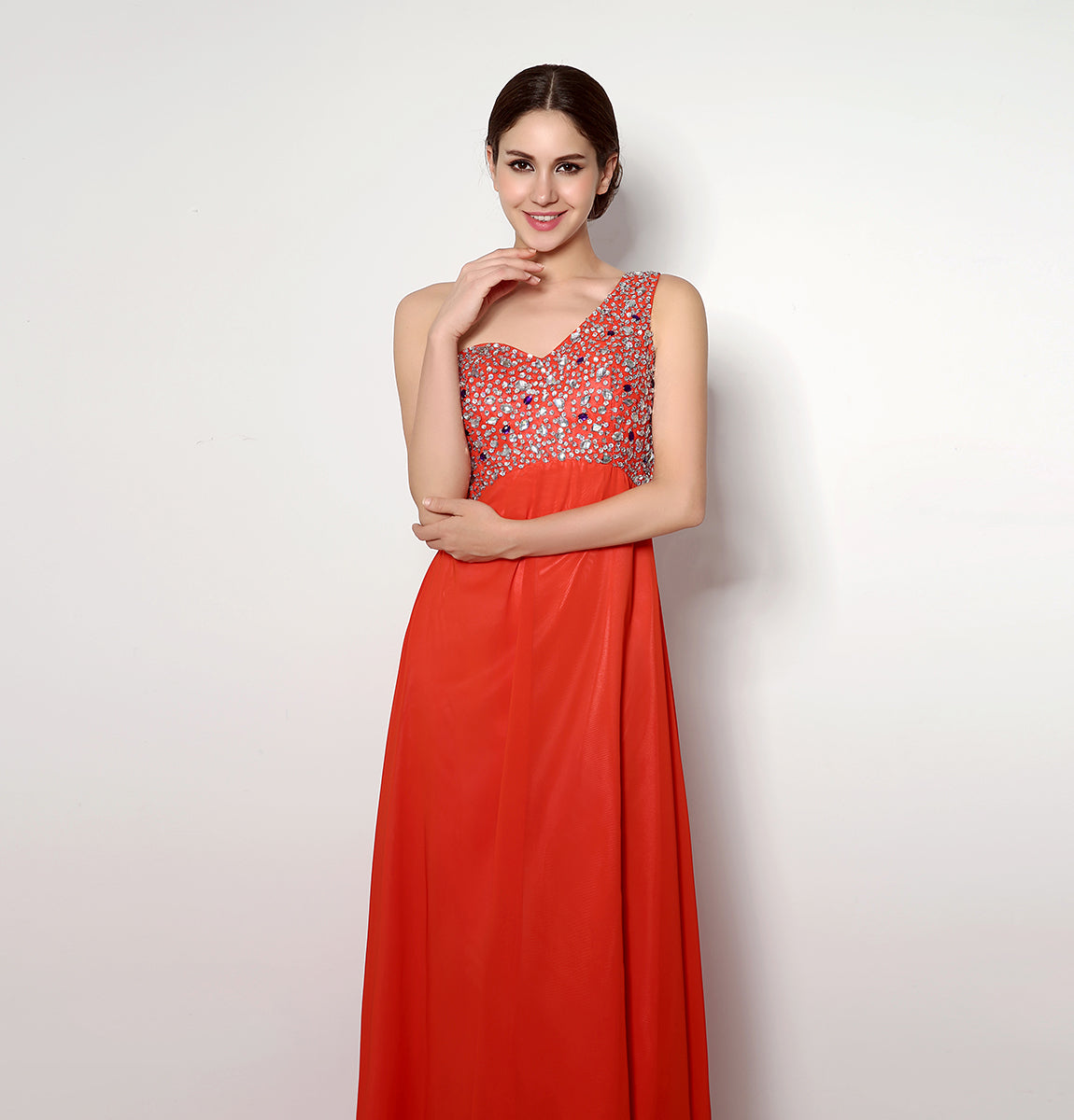 7‑Day Dispatch One‑Shoulder Beaded Red Chiffon Prom Dress Empire Waist Floor‑Length Evening Gown