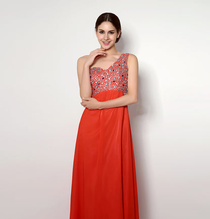 7‑Day Dispatch One‑Shoulder Beaded Red Chiffon Prom Dress Empire Waist Floor‑Length Evening Gown