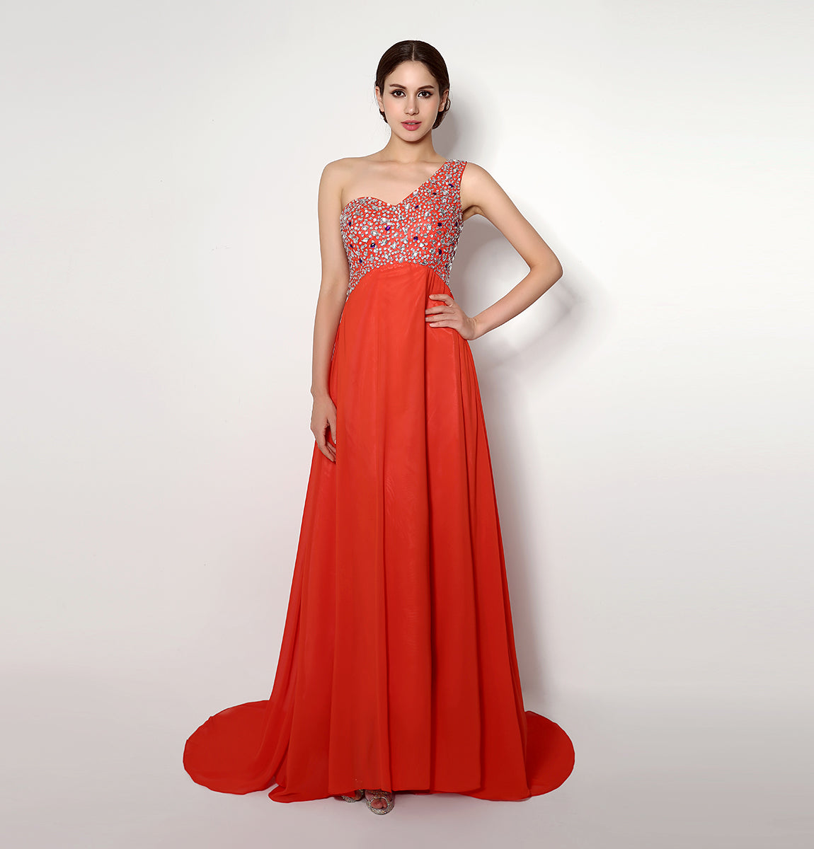 7‑Day Dispatch One‑Shoulder Beaded Red Chiffon Prom Dress Empire Waist Floor‑Length Evening Gown
