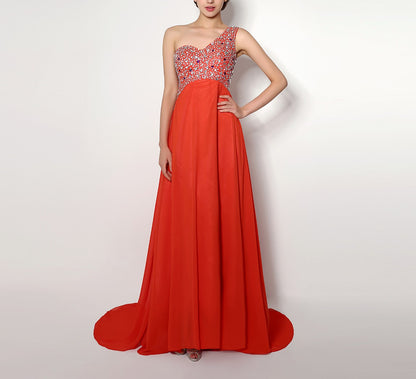 7‑Day Dispatch One‑Shoulder Beaded Red Chiffon Prom Dress Empire Waist Floor‑Length Evening Gown